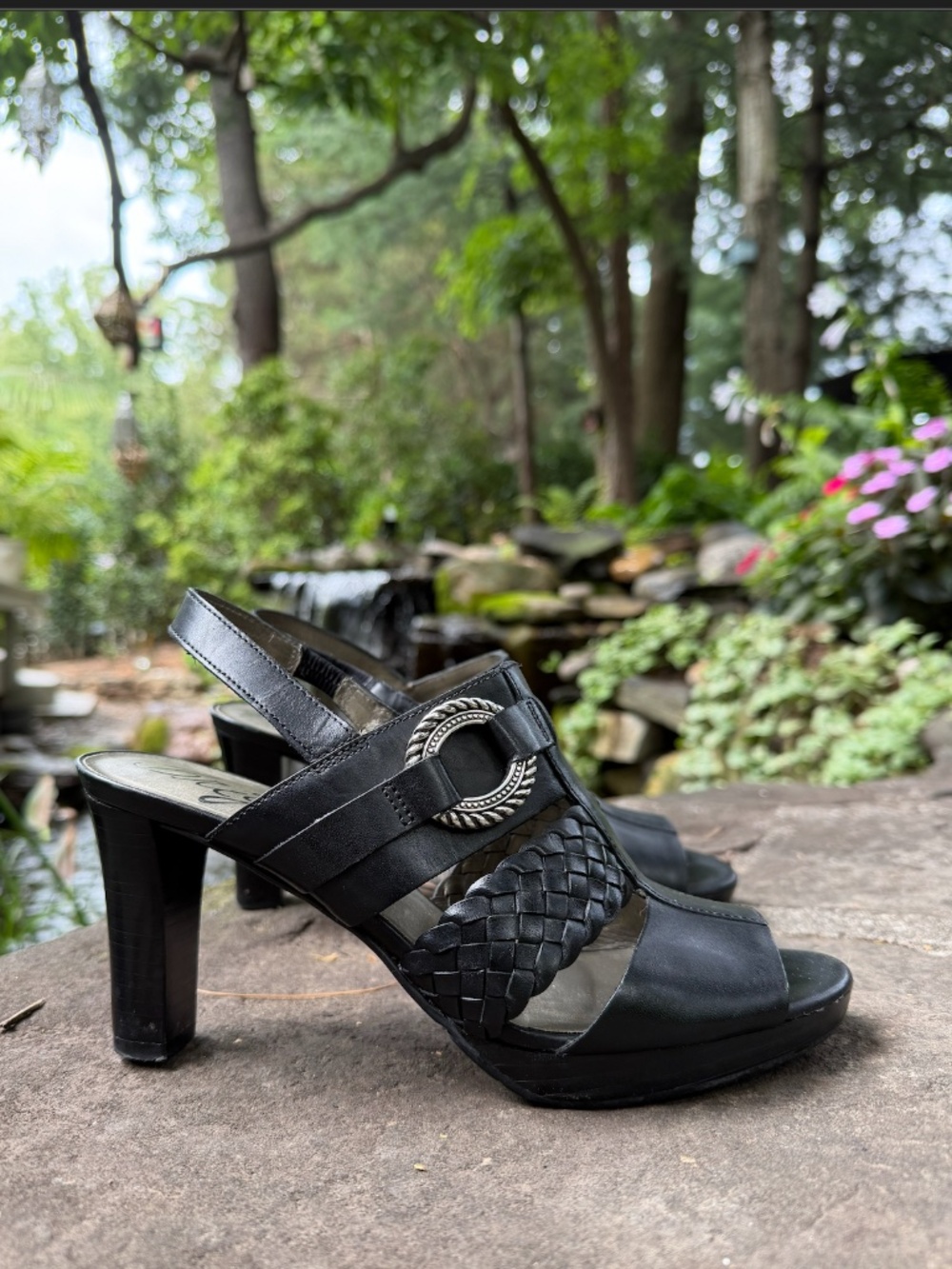Brighton Heeled Sandals in Smooth & Woven Black Leather with Silver Accents, 8M